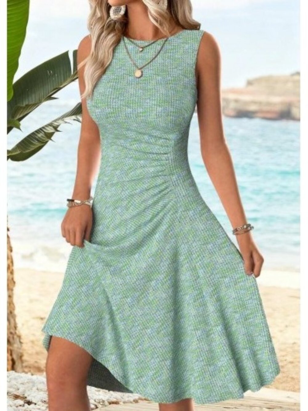 Green Blue Heathered Knit Sleeveless Hi-Low Dress Size M Spring Summer Wedding